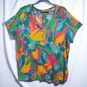 Tahari Womens Linen‎ Top 2XL Multicolor Bright Floral Print V Neck Short Sleeve